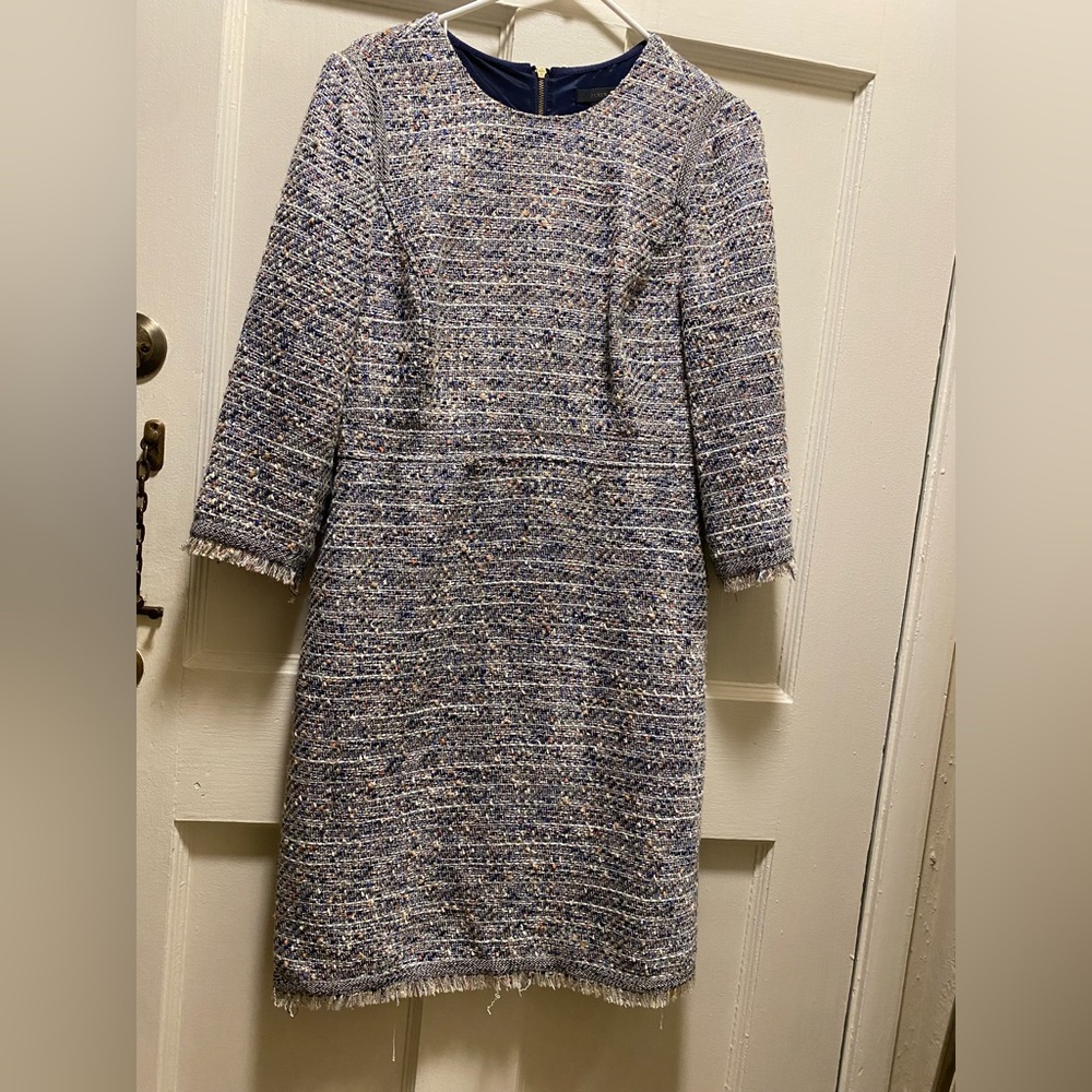 J. Crew Blue and White Tweed Long Sleeve Dress